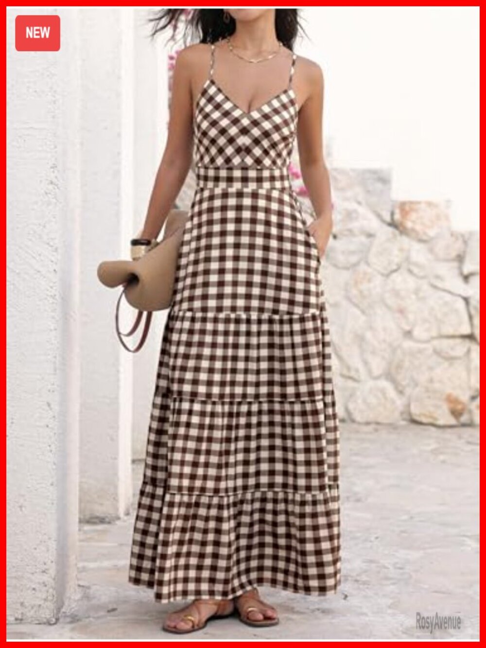 Smocked Maxi Dress with Pockets - Spaghetti Strap V Neck A-Line - Picture 2 of 7